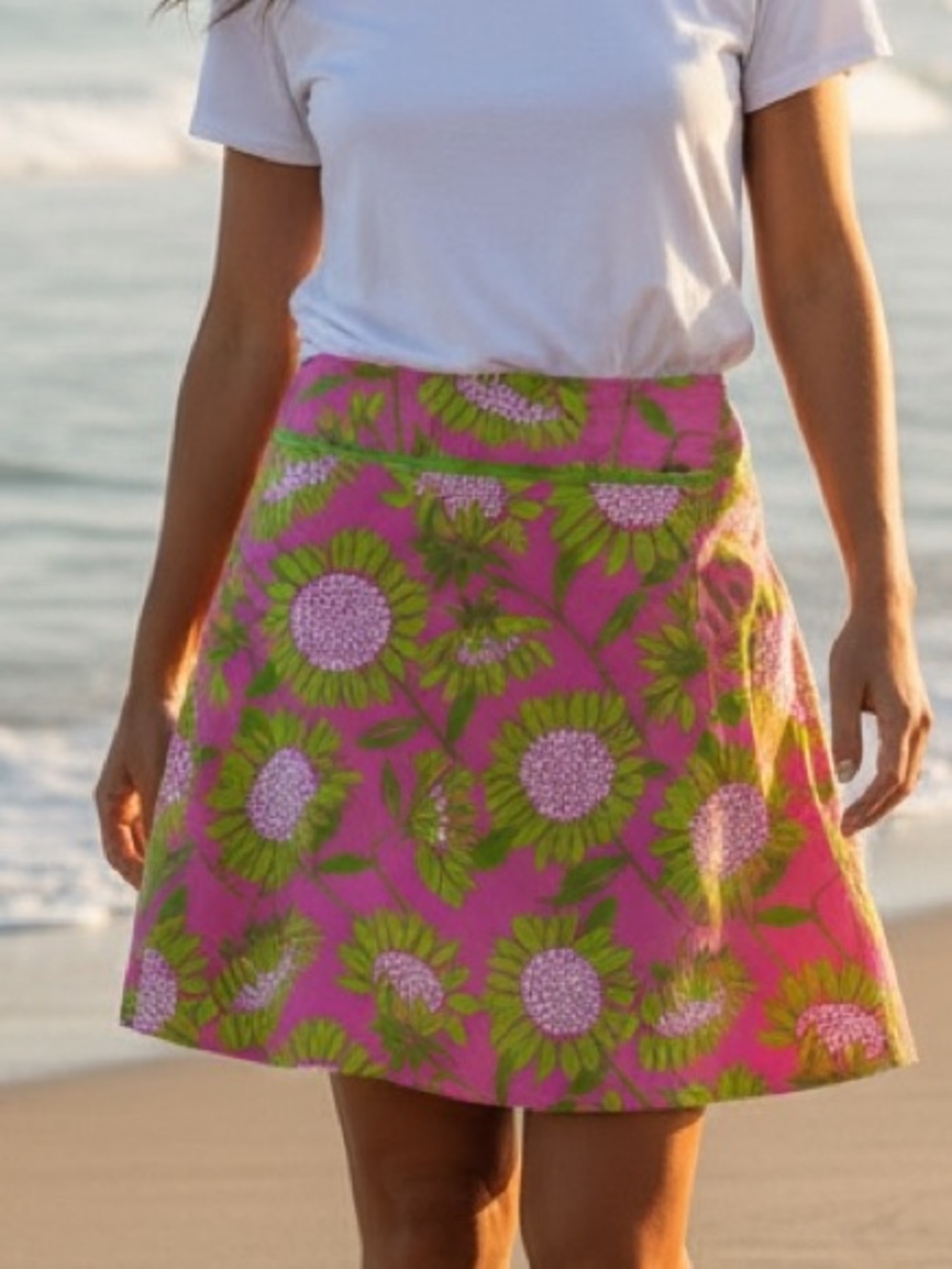 Lilly Pulitzer 14 Floral Skirt A-Line Pink Green Sunflower Daisy Cotton Preppy